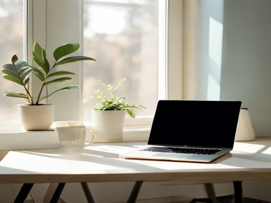 Laptop on desk with plant and coffee cup, minimal distractions