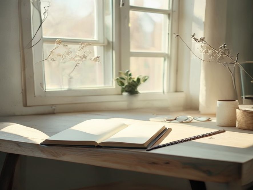 Serene workspace with phone set aside and notebook by window