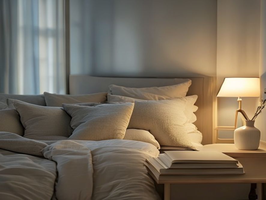 Person sleeping peacefully in darkened bedroom with soft morning light
